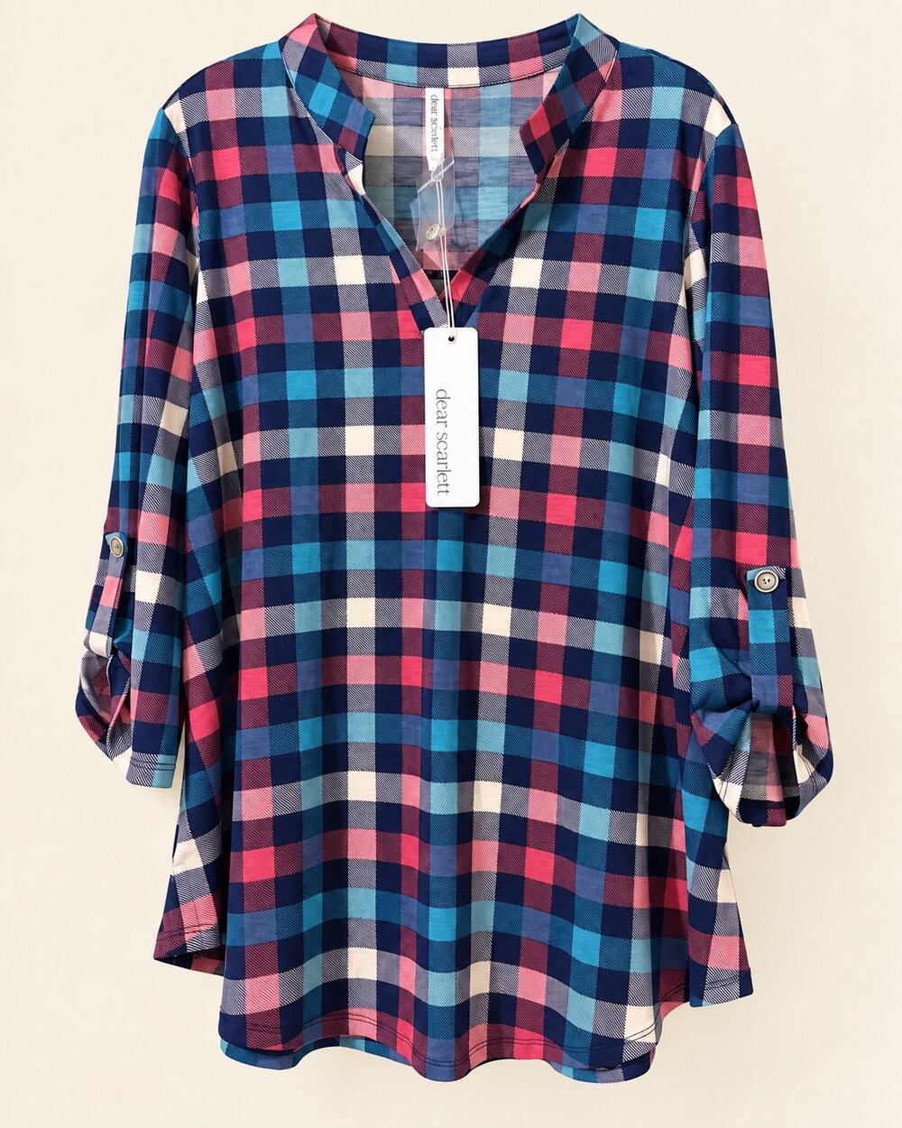 Dear Scarlett Plaid Tunic Blouse Womens L Navy Pink Teal Roll Tab NWOT